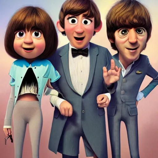 Image similar to a portrait of the beatlesn as pixar characters, beautiful, elegant, extremely detailed digital art, trending on artstation hyper realistic matte painting, by wlop, artgerm