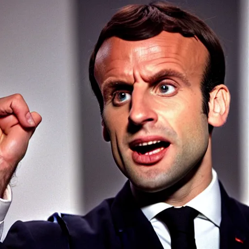Prompt: Emmanuel Macron shouting in American Psycho (1999)