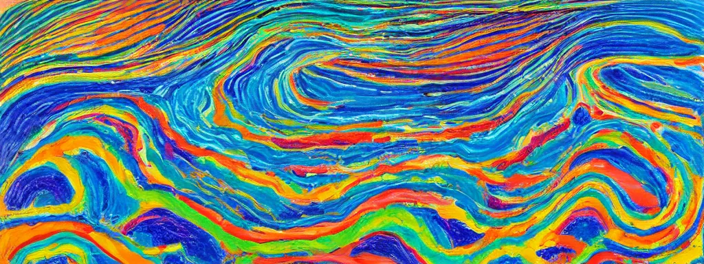 Image similar to Psychedelic sci-fi dreamworld. Landscape painting. Organic. Winding rushing water. Waves. Clouds. Wayne Thiebaud. David Hockney.