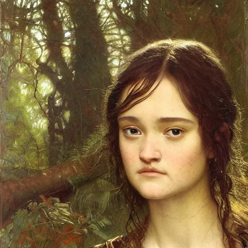 Image similar to a detailed, beautiful portrait oil painting of someone who looks a 1 8 - year old keisha castle hughes and gemma ward, with a hurt expression, wearing intricate, etched copper armor in an ancient forest, by donato giancola, john williams waterhouse, and william adolphe bouguereau