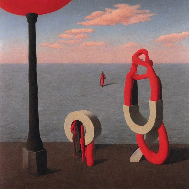 Prompt: A Monumental Public Sculpture of a 'Mirror to the Unconscious made out of Red Rope Licorice' on a pedestal by the Sea, surreal oil painting by Rene Magritte and Max Ernst shocking detail hyperrealistic!! Cinematic lighting