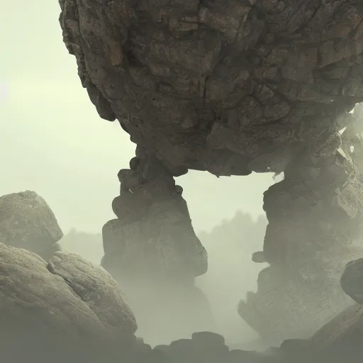 Image similar to a giant robot made out of rocks standing on mountains during foggy weather and a planet in the backround, award winning, trending on artstation, unreal engine