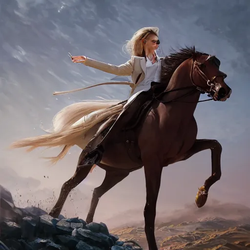 Prompt: luxury advertisement, a highly detailed epic cinematic concept art CG render digital painting artwork: riding in a saddle on a horse is a blond female accountant in a blue suit with glasses. By Greg Rutkowski, Ilya Kuvshinov, WLOP, Stanley Artgerm Lau, Ruan Jia and Fenghua Zhong, trending on ArtStation, made in Maya, Blender and Photoshop, octane render, excellent composition, cinematic atmosphere, dynamic dramatic cinematic lighting, aesthetic, very inspirational, arthouse