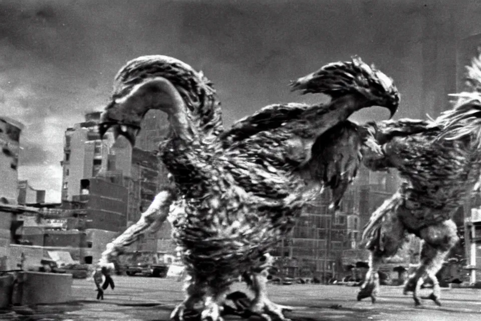 Image similar to still image taken from sci fi horror movie of a giant chicken and monster attacking a city. low camera angle. 1 9 6 0.