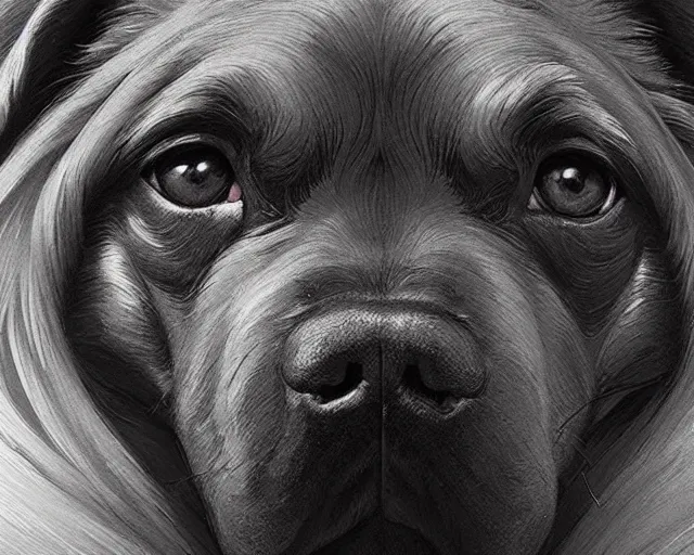 Prompt: close up highly detailed dog face, deep focus, d & d, fantasy, intricate, elegant, highly detailed, digital painting, artstation, concept art, matte, sharp focus, illustration, hearthstone, art by artgerm and greg rutkowski and alphonse mucha