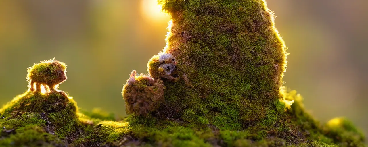 Image similar to a tiny cute mossy forest creature by bobby chiu, at sunset, macro photography, goro fujita