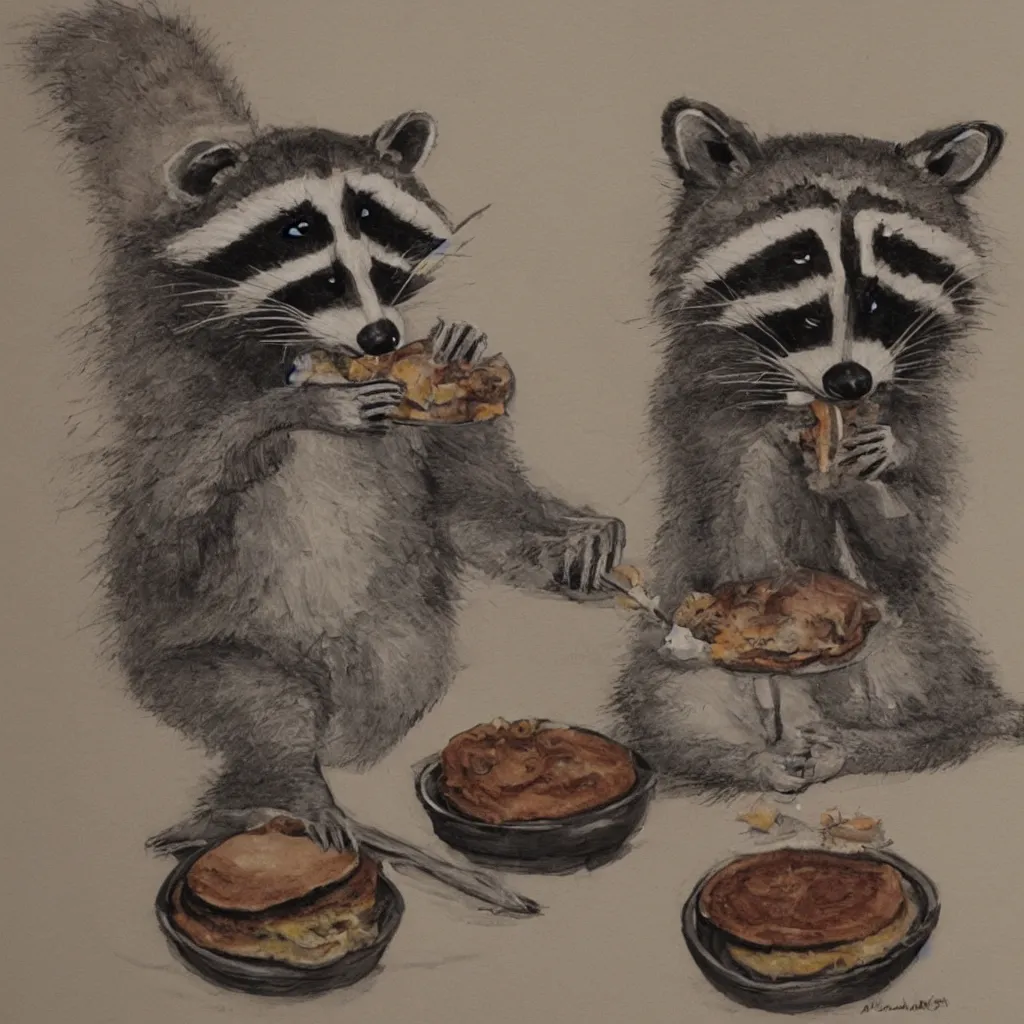 Image similar to raccoon eating bruger from macdonald and sitting in a room with nothing, studio light, in the style of comic
