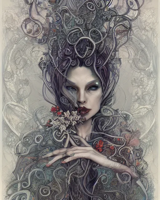 Image similar to centered beautiful detailed front view portrait of a woman with ornate tentacles and flowers growing around, ornamentation, flowers, elegant, dark and gothic, full frame, by wayne barlowe, peter mohrbacher, kelly mckernan, h r giger