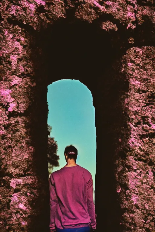 Image similar to kodak portra 4 0 0 photograph of a skinny guy looking into a otherworldly portal, flower crown, back view, vaporwave colors, grain, moody lighting, moody aesthetic,