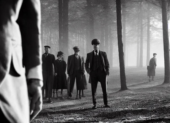 Image similar to a scene from peaky blinders, medium long shot, a cabin in the background, faces covered in shadows, black and white, cinematic, epic, arty,