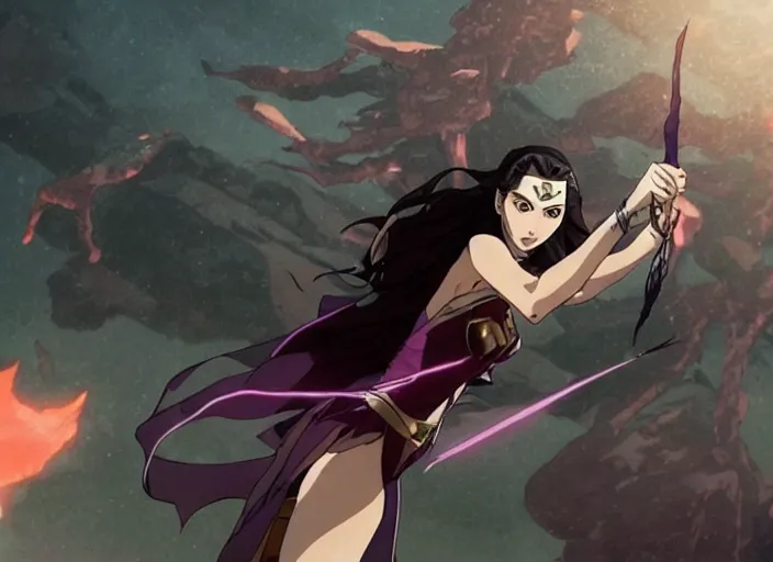 Image similar to gal gadot flying screenshot from demon slayer 鬼滅の刃 anime gal gadot