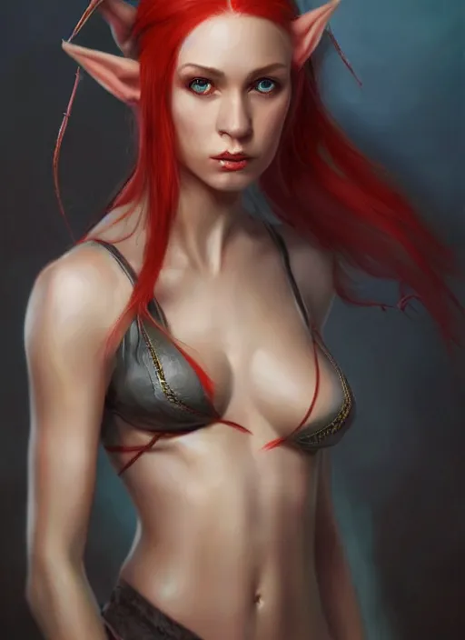 Image similar to A hyperrealistic portrait painting of a hot young female elf with stunning body, DAZ, deviantart, artstation