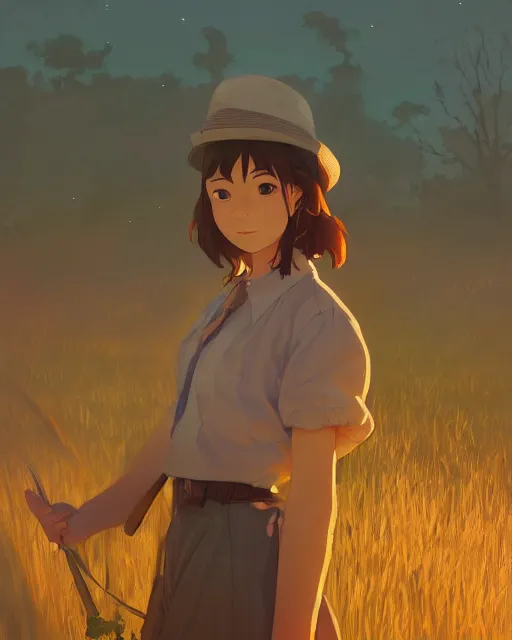 Image similar to farmer girl, full shot, atmospheric lighting, by makoto shinkai, stanley artger m lau, wlop, rossdraws, james jean, andrei riabovitchev, marc simonetti, krenz c