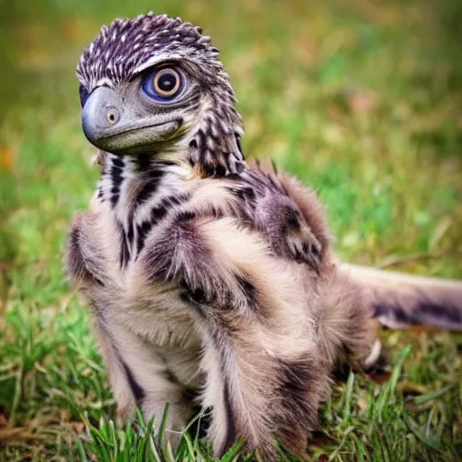 Prompt: cute baby raptor with feathers sitting on the ground