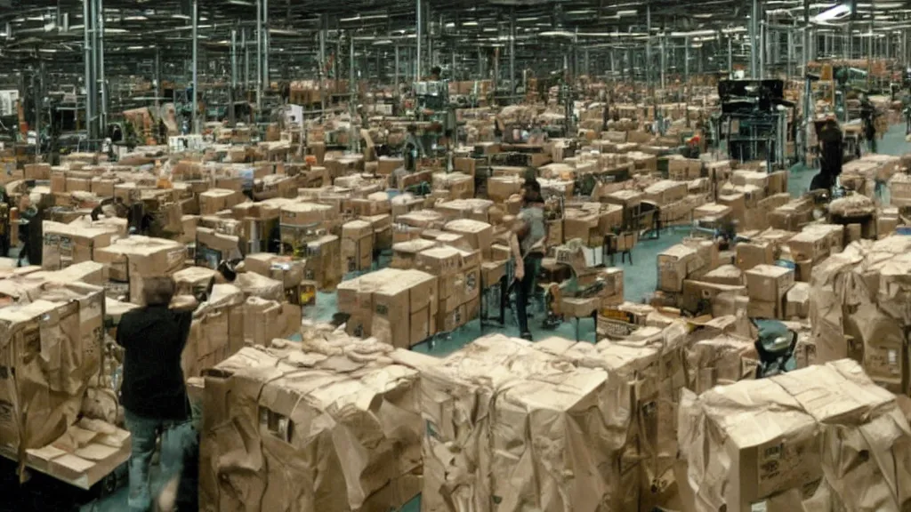 Image similar to Gremlins in Amazon warehouse packaging facility packing Amazon rainforest into Amazon packages, film still from banned media Gremlins 3 New World Order, directed by Joe Dante, Nathan Fielder, Groucho Marx and REDACTED