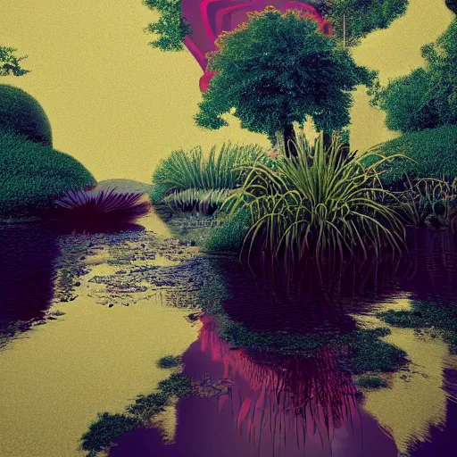 Prompt: by kilian eng rendered in cinema 4 d, indian ornate. a peaceful photograph that shows a pond with water lilies floating on the surface. the colors are soft & calming, & the overall effect is one of serenity & relaxation.