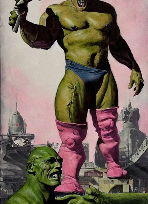 Image similar to 5 0 s pulp scifi fantasy illustration full body portrait martyn ford as huge monstrous armoured giant, pink and green, by norman rockwell, roberto ferri, daniel gerhartz, edd cartier, jack kirby, howard v brown, ruan jia, tom lovell, frank r paul, jacob collins, dean cornwell, astounding stories, amazing, fantasy, other worlds