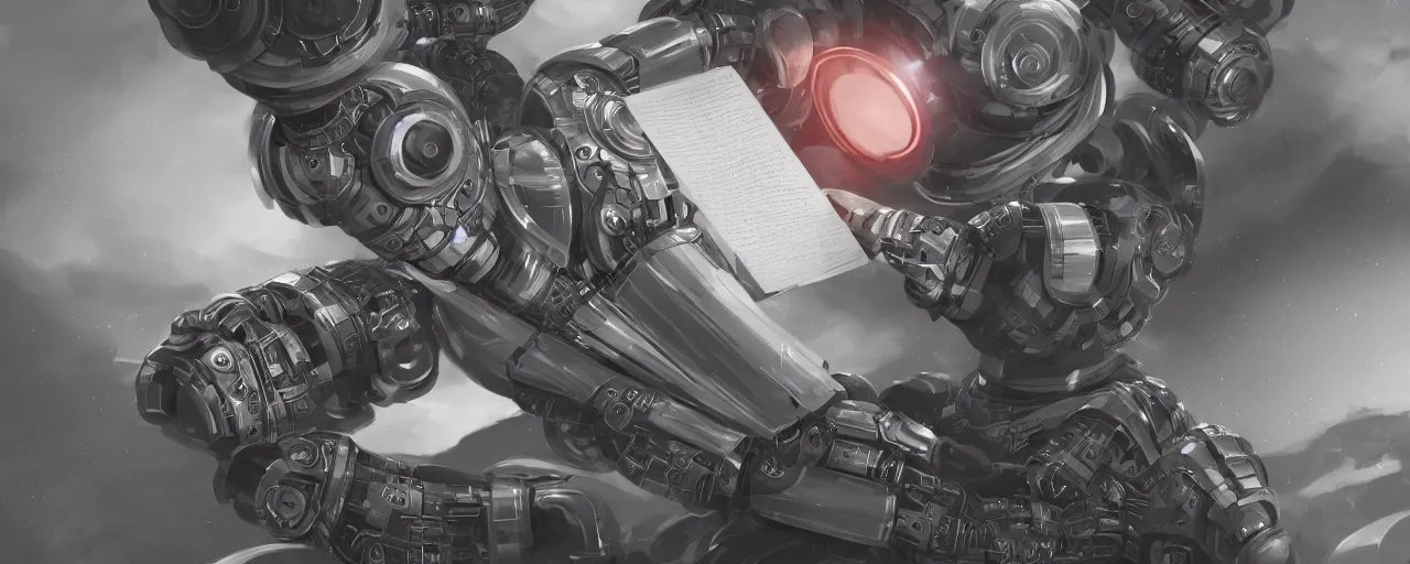Prompt: a closeup of a robot hand writing a letter, intricate, cinematic lighting, highly detailed, digital painting, artstation, concept art, smooth, sharp focus, illustration
