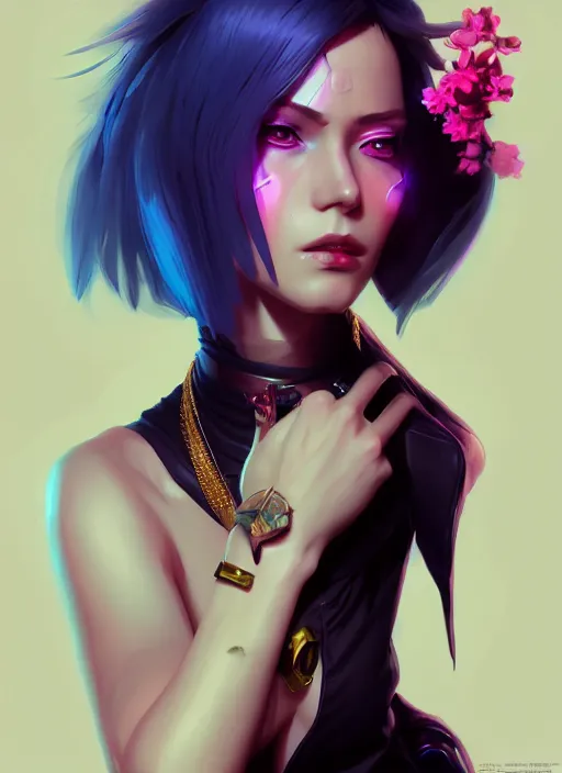 Image similar to cyberpunk lady in mafia, wide angle view, flowers, blue black pink, gold, diamonds, highly detailed, artgerm, cushart krenz, artstation, soft light, sharp focus, illustration, character design, concept art