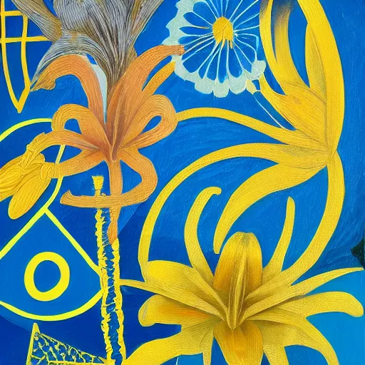 Image similar to an abstract and detailed painting of a lilies buke made out of geometric shapes, using partly gold paint