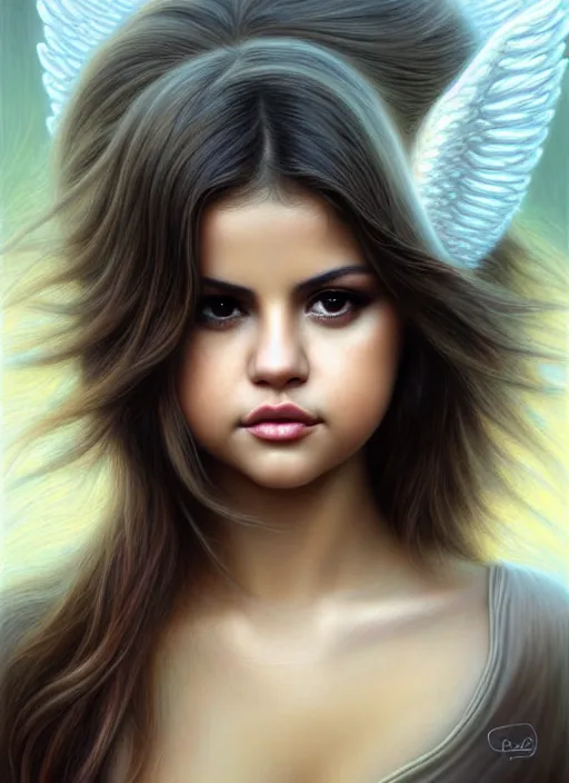 Prompt: selena gomez as an angel, aesthetic, fine art, intricate, elegant, highly detailed, realistic hair, centered, digital painting, art station, conceptual art, soft, sharp focus, illustration, artwork, artgerm, tomasz alen kopera, peter mohrbacher, donato giancola, wlop, boris vallejo