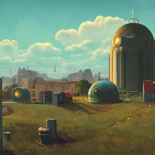 Prompt: some atompunk buildings with the sun shining through the clouds in utopia by Simon Stålenhag and Greg Rutkowski,In style of Grant Wood.hyper detailed,8K Resolution,unreal engine 5,epic lighting,Ray Tracing,highly realistic