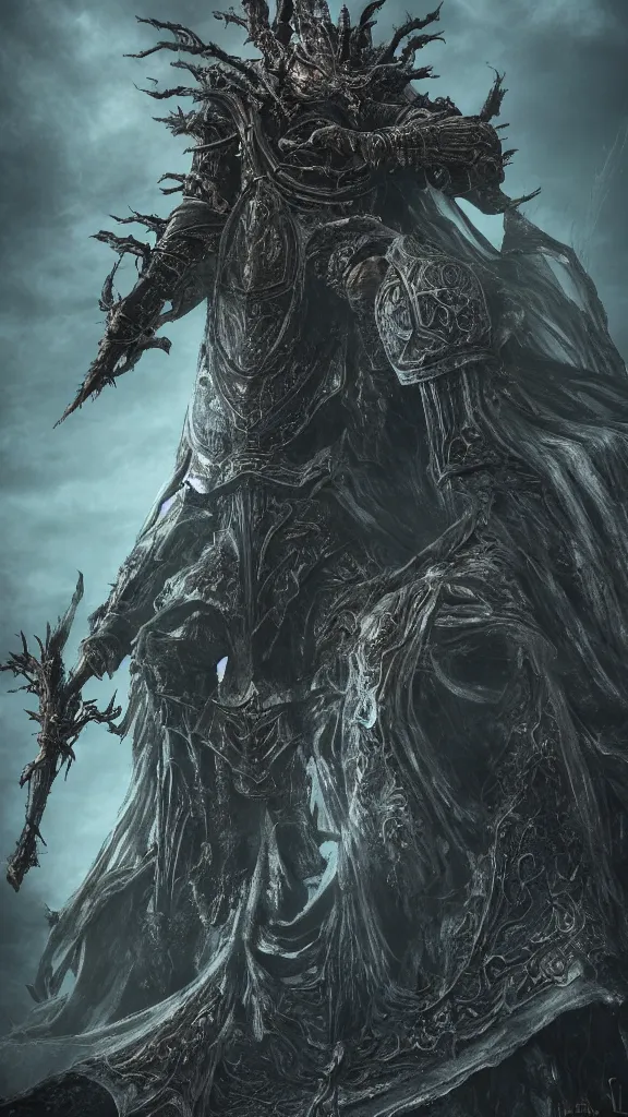 Image similar to the true elden lord, fromsoftware, elden ring, dark souls, bloodborne, dark fantasy, realistic, highly detailed, 8 k, volumetric lighting, sinister lighting, detailed facial features