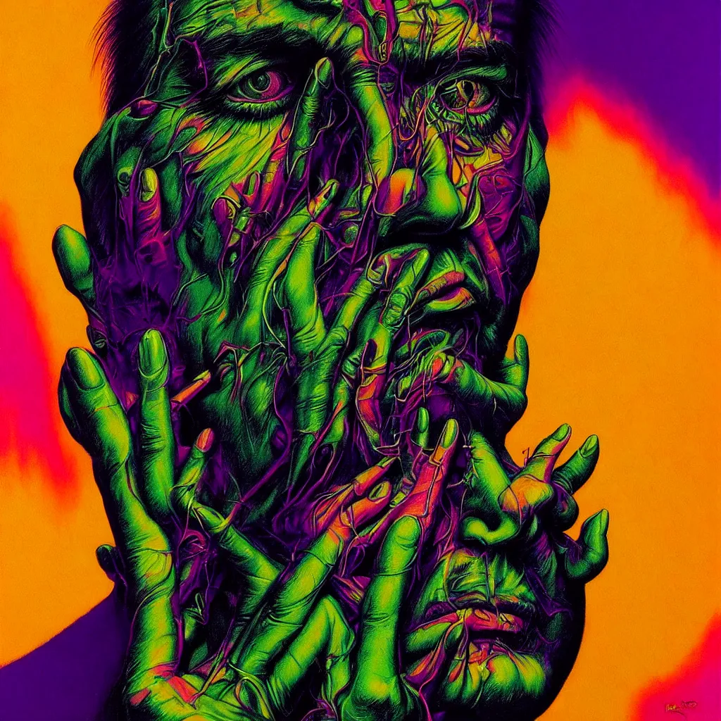 Image similar to psychedelic bright portrait of bill hicks smoking in the style of hans giger, alex grey, lynchian atmosphere, film noir, concept art, art by kuvshinov ilya and zdislav beksinski and wayne barlowe, vivid colors, yellow, purple, red, black, blue, green, orange, pink