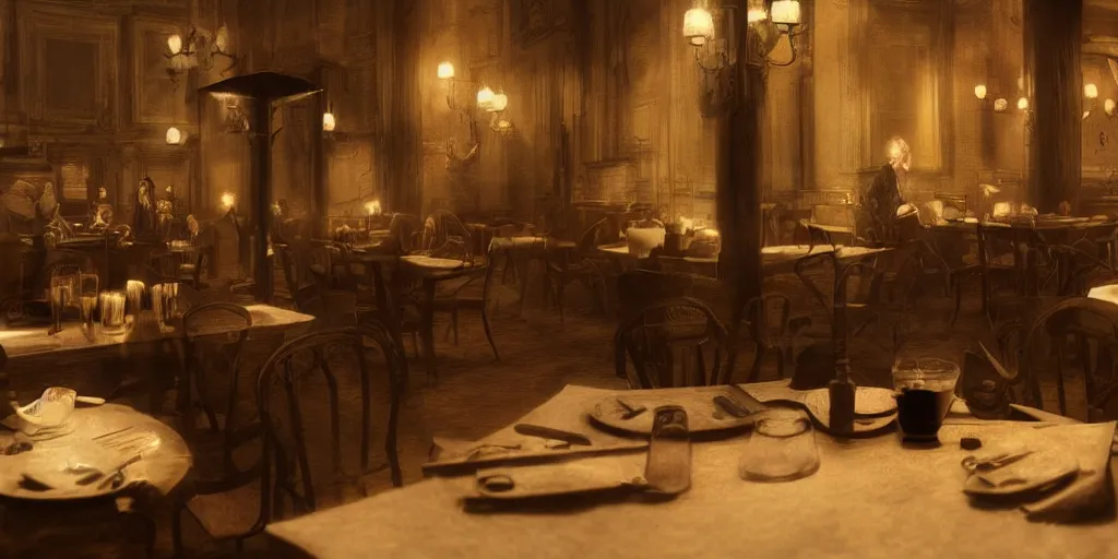 Prompt: brown cat with yellow eyes is sitting at table in a cafe at paris in early 2 0 th century. atmospheric feeling, warm colours, brown colours, yellow colours, epic scene, cinematic, very detailed, unreal engine render