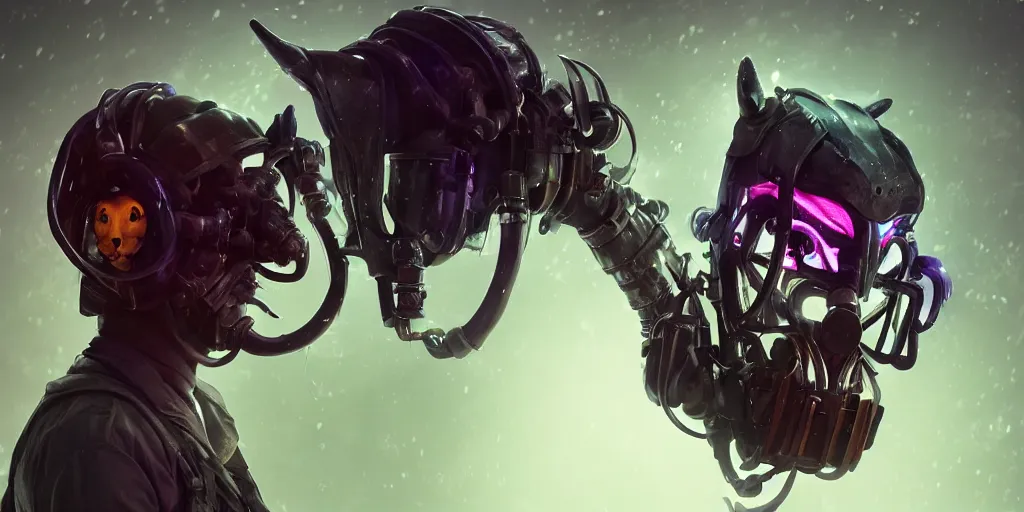 Image similar to a beautifully strange image of a gamekeeper wearing a dieselpunk mechanical fluorescent mystical animal mask. walking in the misty, dangerous river. in style of fornite game. award winning. dramatic. trending on artstation. high quality. rendered by beeple, by makoto shinkai, syd meade, digital art, unreal engine 5, fornite game. octane render