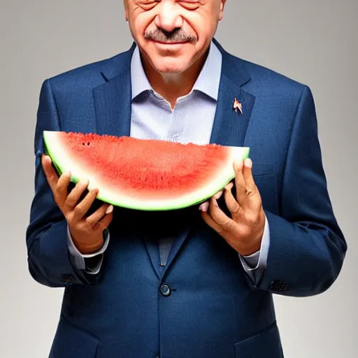 Image similar to recep tayyip erdogan smiling holding watermelon, studio photograph, hd, studio