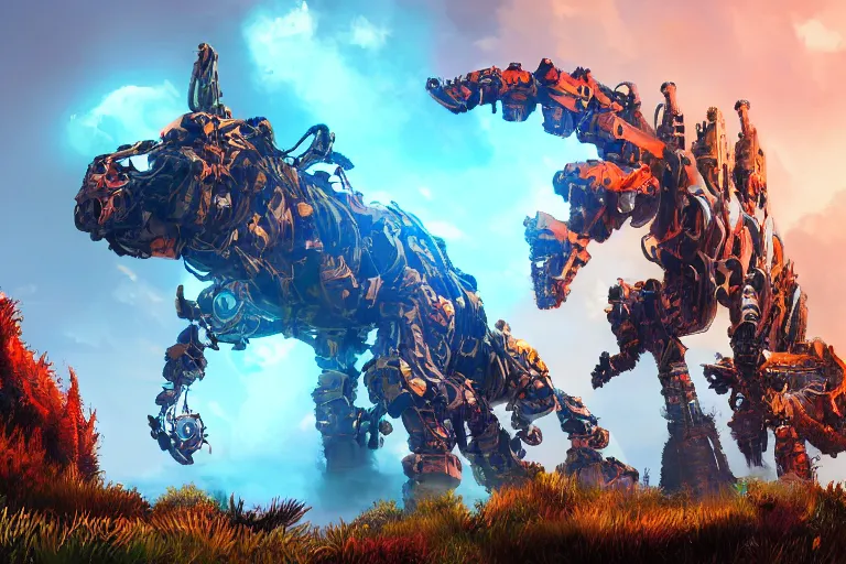 Image similar to clamberjaw machine mecha animal beast robot of horizon forbidden west horizon zero dawn bioluminiscence global illumination ray tracing hdr fanart arstation by sung choi and eric pfeiffer and gabriel garza and casper konefal