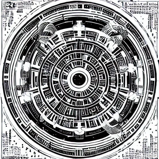 Image similar to a faint yin - yang daoist symbol superimposed on the futuristic cityscape in a utopian well - organized society, black and white multiscale