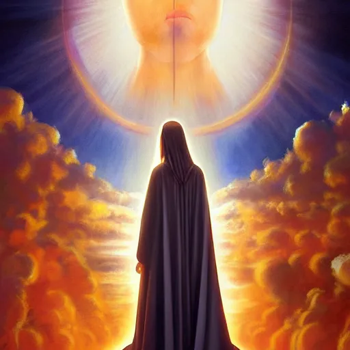 Image similar to a painting of Zendaya as the Messiah by Ross Tran, Bruce Timm and Vladimir Kush, highly detailed digital art, holy aura, serene expression