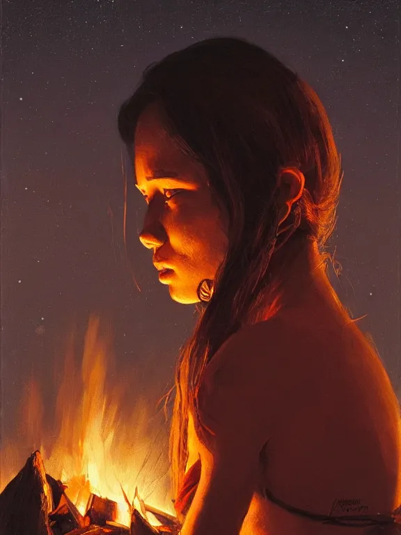 Prompt: an ultradetailed beautiful portrait painting of an female tribe native at a campfire at night, side view, oil painting, high resolution, by ilya kuvshinov, greg rutkowski and makoto shinkai