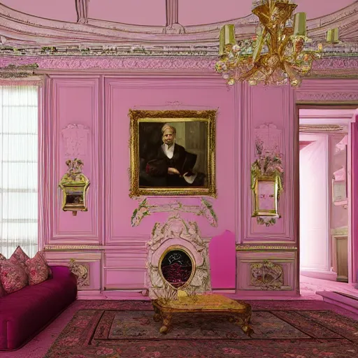 Prompt: a classical victorian living room with pink clouds inside. and people lounging. hyperrealistic, trending on artstation