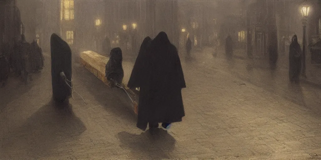 Image similar to a cloaked man dragging a black wooden coffin down the street by a chain lit only by gas lamps by john howe and henry ossawa tanner, trending on artstation, hyperrealism, highly detailed, art gallery, museum piece