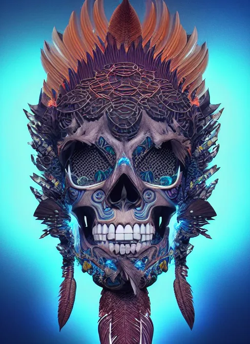 Image similar to 3 d shaman with tattoos profile portrait, sigma 5 0 0 mm f / 5. beautiful intricate highly detailed quetzalcoatl skull and feathers. bioluminescent, plasma, lava, ice, water, wind, creature, thunderstorm! artwork by tooth wu and wlop and beeple and greg rutkowski, 8 k trending on artstation,