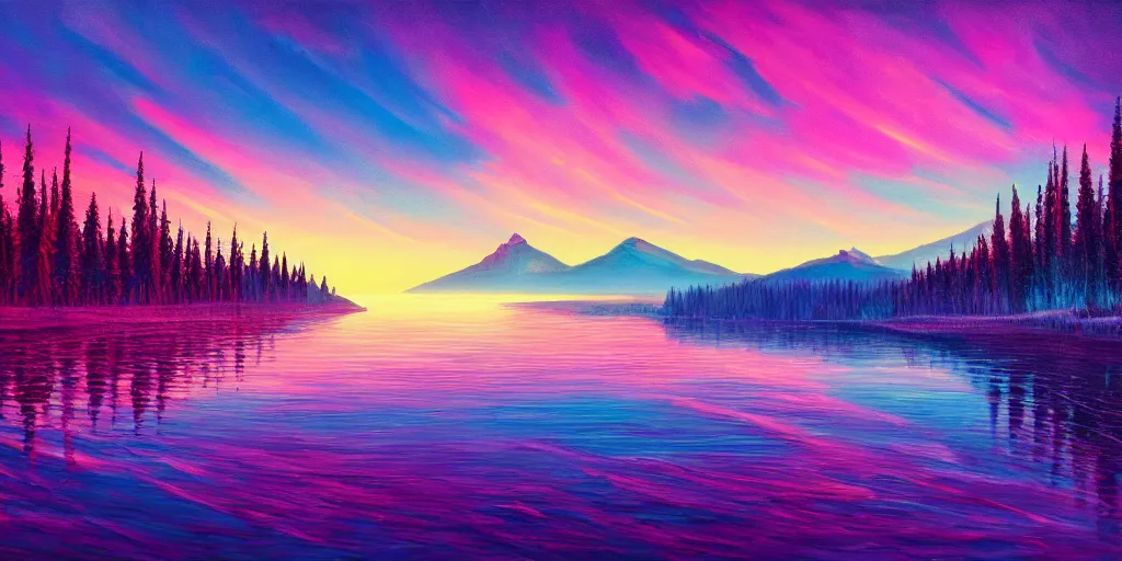 Image similar to beautiful award winning synthwave painting of a canadian lake, extreme detail, digital art, 4 k, ultra hd