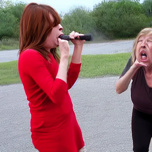Prompt: red angry yelling karen about to explode