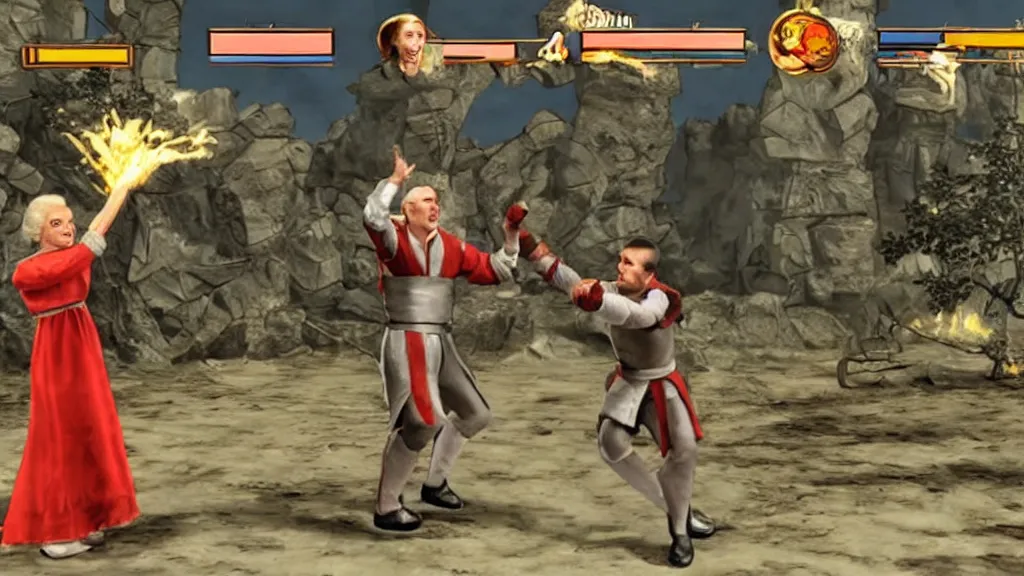 Image similar to mr bean fighting queen elizabeth in mortal kombat, video game, gameplay, screenshot