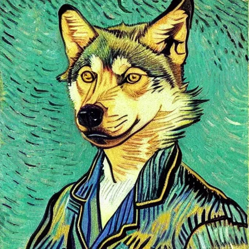 Image similar to retard wolf portrait, van gogh style