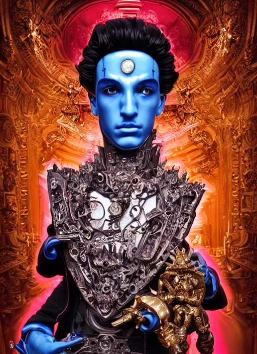 Image similar to baroque and cyberpunk style full-body sculpture of a young seductive Hispanic prince half android with a chest exposing a glowing ruby battery, glowing pink seductive laser eyes, crown of blue gears and diamonds, swirling salmon-colored silk fabric, robotic raptors dinosaurs. baroque elements. full-length view. intricate artwork by caravaggio. art by Artgerm and Greg Rutkowski and Alphonse Mucha, Trending on artstation, cinematic industrial lighting, photorealistic, octane render, 8k, depth of field, 3D
