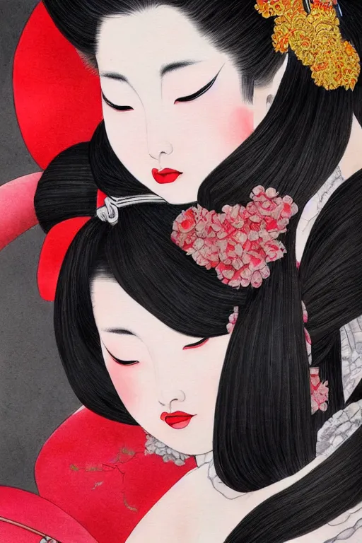 Image similar to sensual and very seductive geisha, digital art, 8k, character, realistic, portrait, photorealism, japan watercolour, masterpiece art