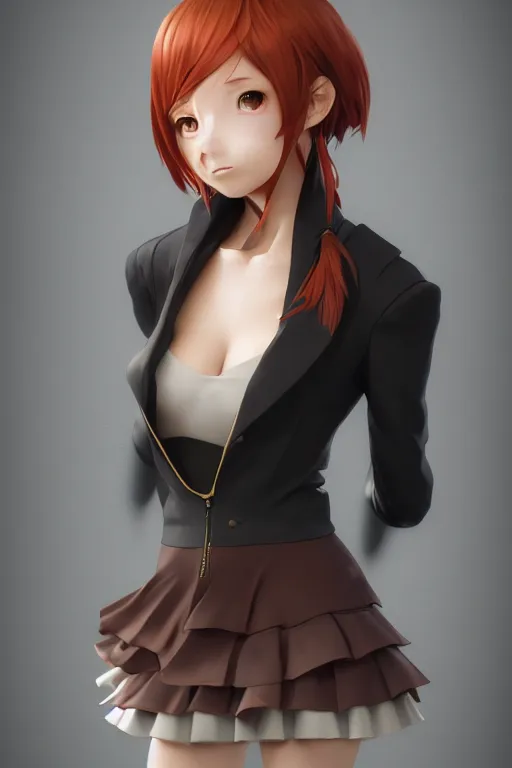 Image similar to Very complcated dynamic composition, realistic anime style at Pixiv, Zbrush sculpt colored, Octane render in Maya and Houdini VFX, young redhead girl in motion, wearing jacket and skirt, silky hair, black stunning deep eyes. By ilya kuvshinov, krenz cushart, Greg Rutkowski, trending on artstation. Amazing textured brush strokes. Cinematic dramatic soft volumetric studio lighting