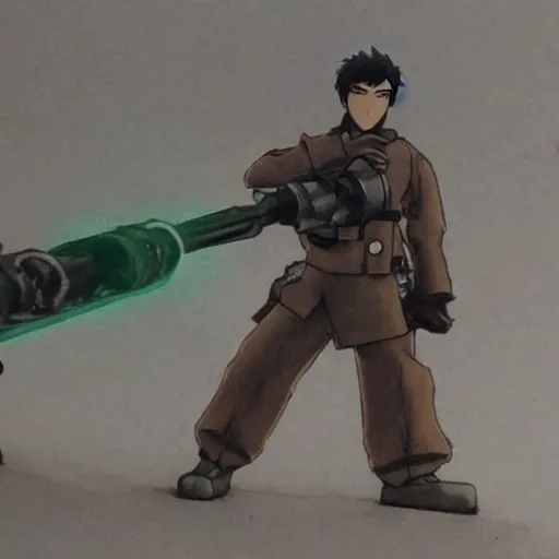 Prompt: A man with a saber facing down a tank, detailed, anime