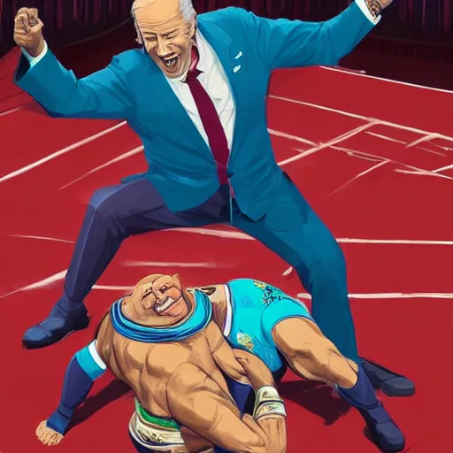 Image similar to Joe Biden fight Xi Jinping in a wrestling match, funny, caricature, realistic, detailed, full body, teal suit, intricate, elegant, highly detailed, artstation, sharp focus, illustration, art by Artgerm, Makoto Shinkai, Ilya Kuvshinov, Lois Van Baarle, and Rossdraws