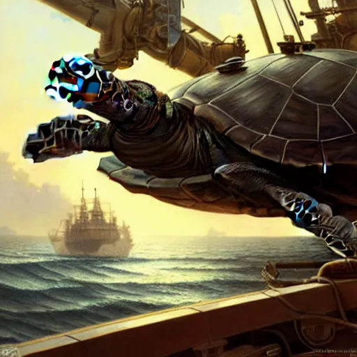 Image similar to giant turtle lying on ship deck, naval background, highly detailed, D&D, digital painting, artstation, concept art, smooth, sharp focus, illustration, art by artgerm and greg rutkowski and alphonse mucha