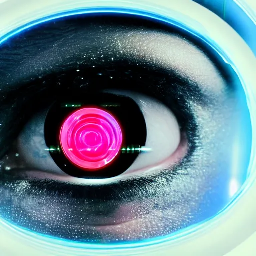 Image similar to photo of young woman, close up, with a cyberpunk camera over right eye with led lights, robotic implants over face, small led lights, white background, from the movie 2001 A Space Odyssey