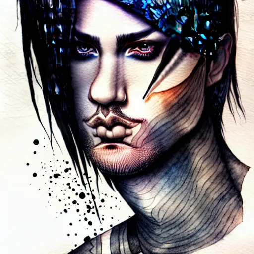 Image similar to hyper realistic ink and watercolor drawing of a handsome emo guy full portrait, detailed, rim light, diffused, intricate, axe, battle, emo by anna dittmann,